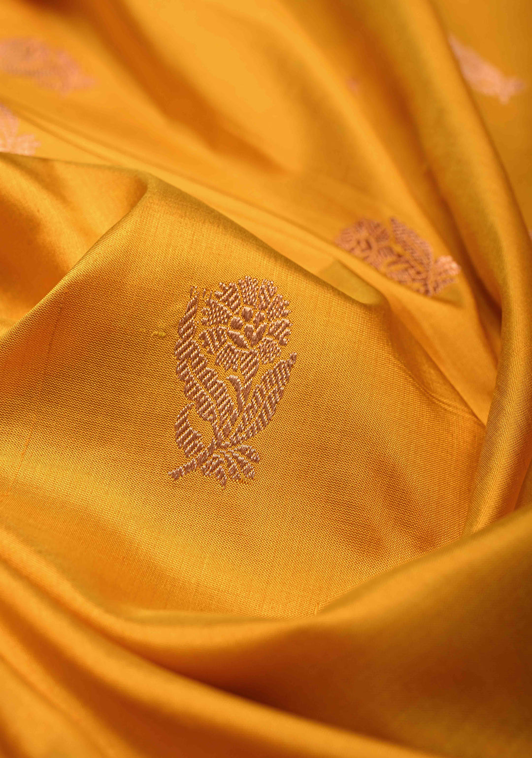 Musterd Yellow Banarasi Katan Silk Saree with Floral Zari Buttas and Contrast Zari Border | SILK MARK CERTIFIED | SHOBITAM