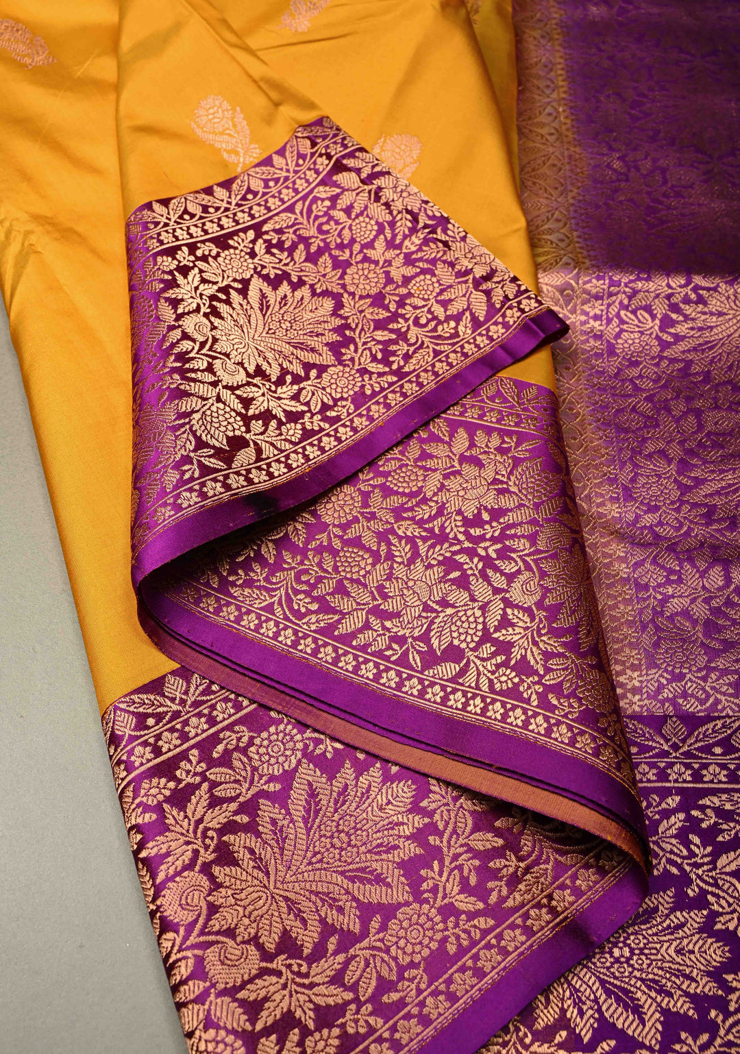 Musterd Yellow Banarasi Katan Silk Saree with Floral Zari Buttas and Contrast Zari Border | SILK MARK CERTIFIED | SHOBITAM