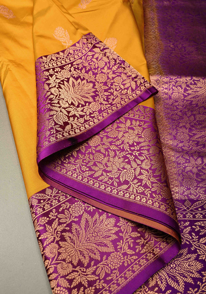 Musterd Yellow Banarasi Katan Silk Saree with Floral Zari Buttas and Contrast Zari Border | SILK MARK CERTIFIED | SHOBITAM
