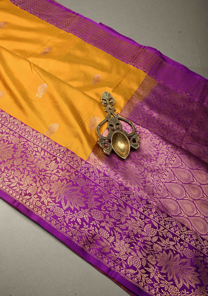 Musterd Yellow Banarasi Katan Silk Saree with Floral Zari Buttas and Contrast Zari Border | SILK MARK CERTIFIED | SHOBITAM