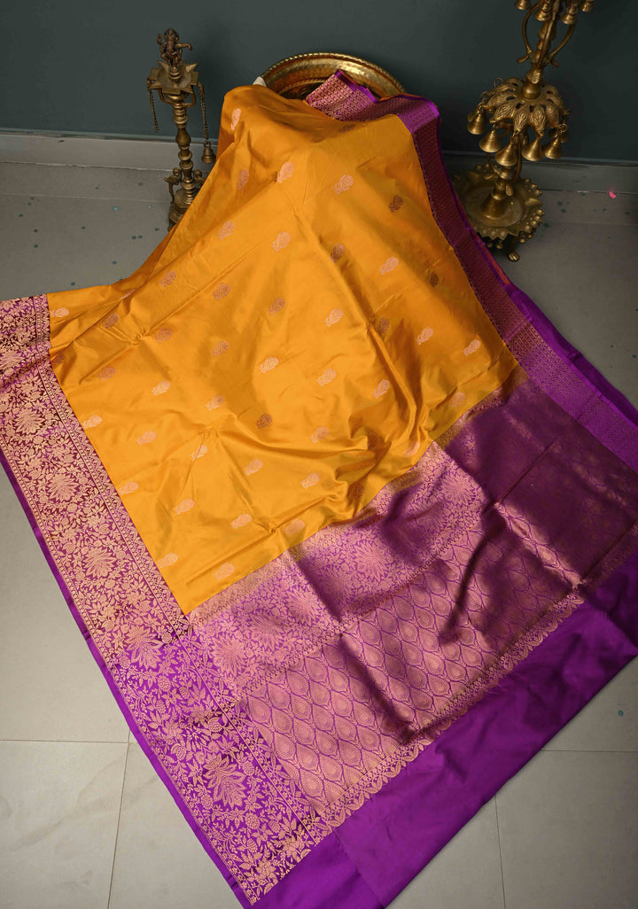 Musterd Yellow Banarasi Katan Silk Saree with Floral Zari Buttas and Contrast Zari Border | SILK MARK CERTIFIED | SHOBITAM