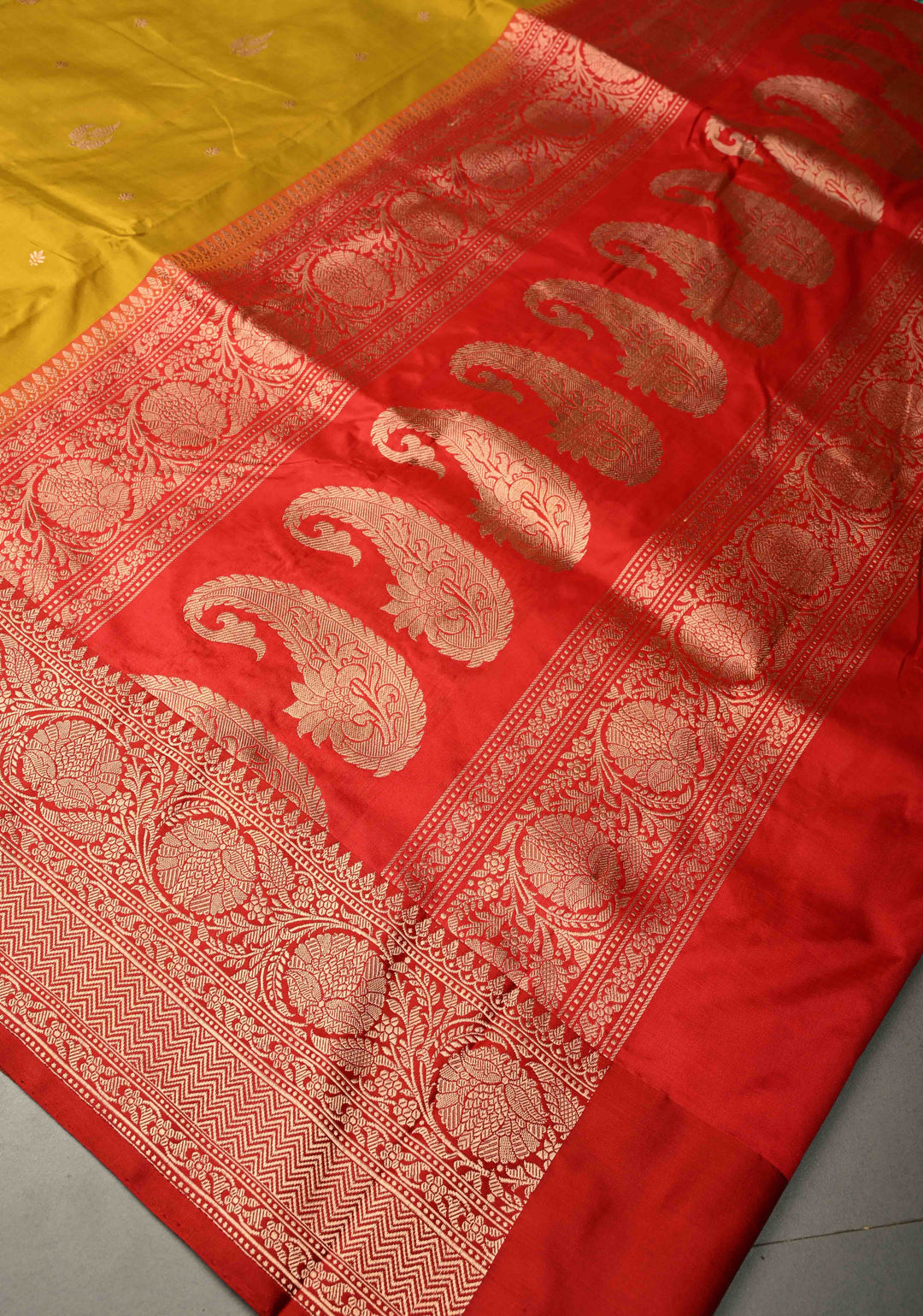 Citrine yellow Banarasi Katan Silk Saree with Floral Zari Buttas and Contrast Zari Border | SILK MARK CERTIFIED | SHOBITAM