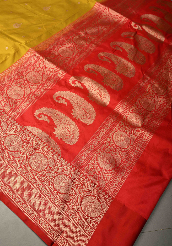 Citrine yellow Banarasi Katan Silk Saree with Floral Zari Buttas and Contrast Zari Border | SILK MARK CERTIFIED | SHOBITAM