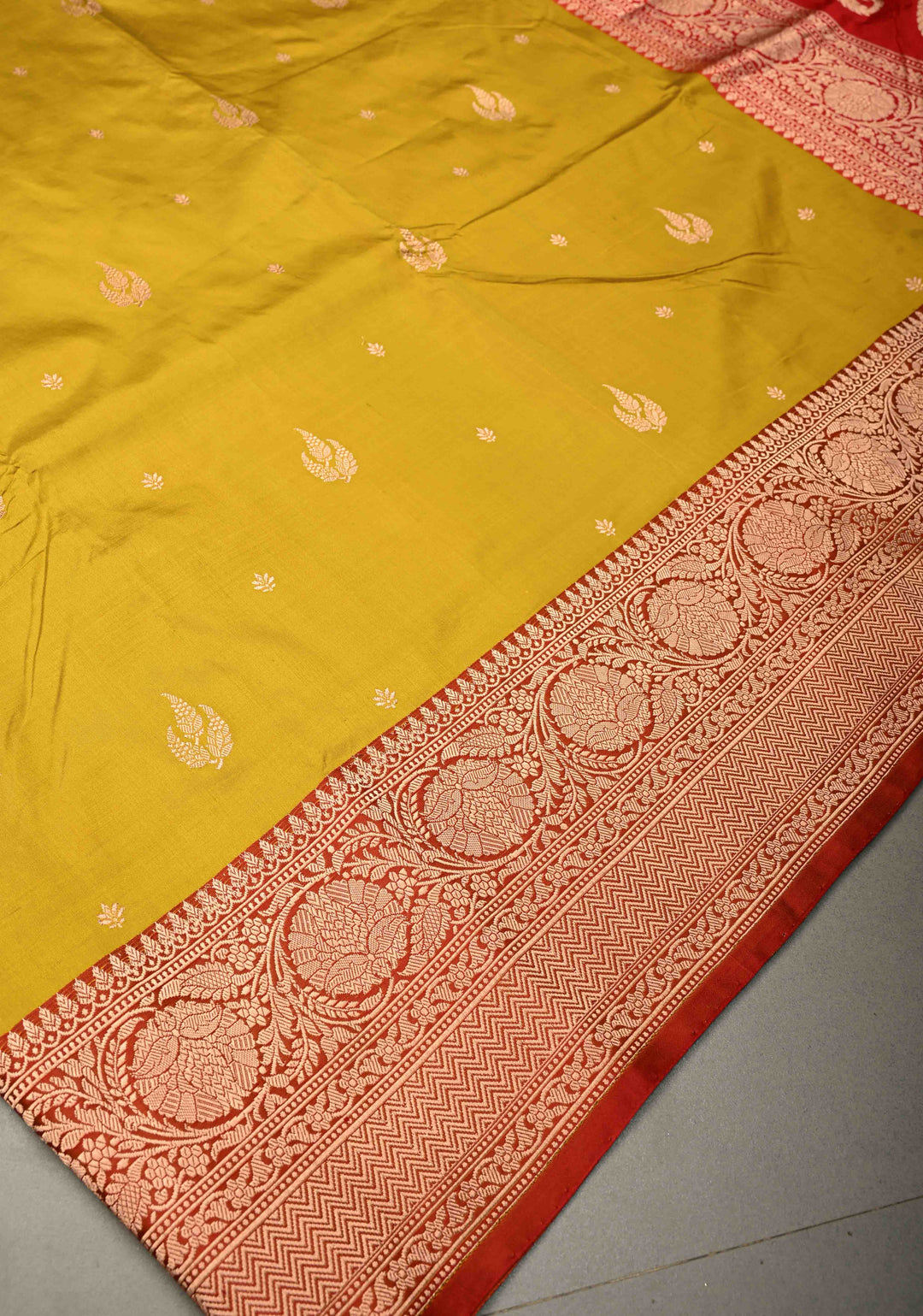 Citrine yellow Banarasi Katan Silk Saree with Floral Zari Buttas and Contrast Zari Border | SILK MARK CERTIFIED | SHOBITAM