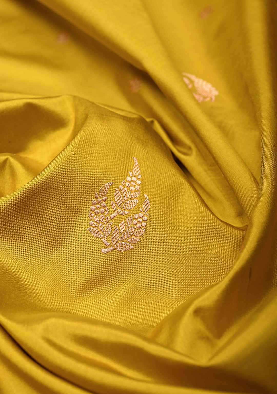 Citrine yellow Banarasi Katan Silk Saree with Floral Zari Buttas and Contrast Zari Border | SILK MARK CERTIFIED | SHOBITAM