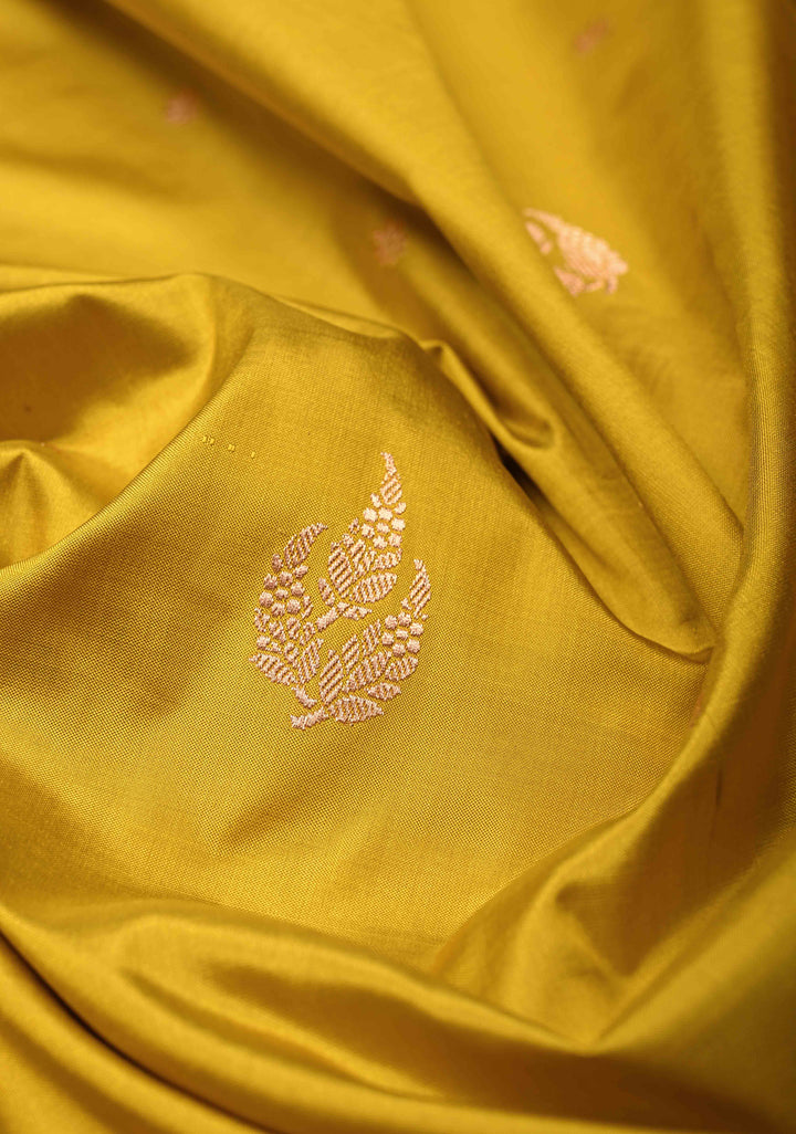 Citrine yellow Banarasi Katan Silk Saree with Floral Zari Buttas and Contrast Zari Border | SILK MARK CERTIFIED | SHOBITAM