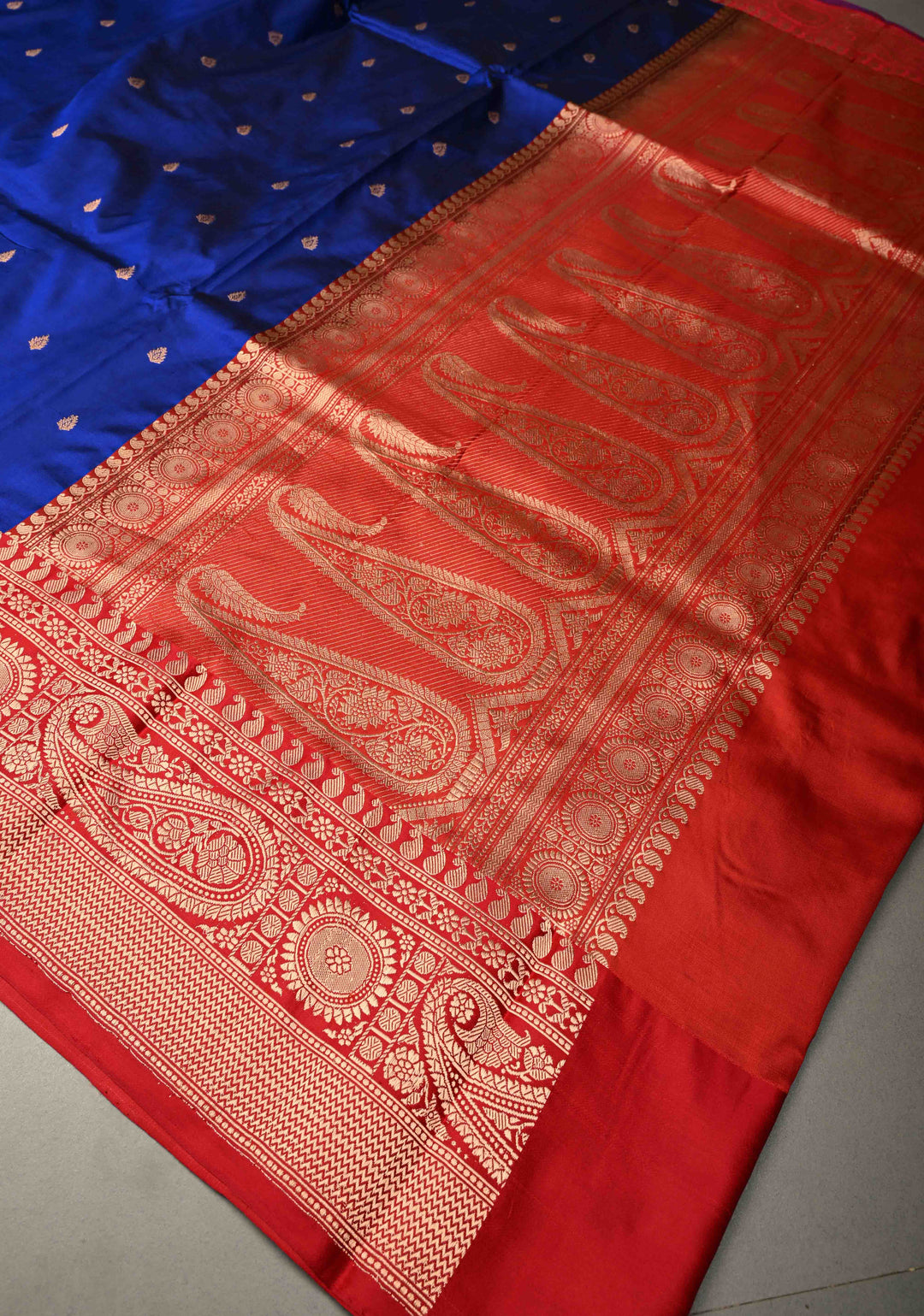 Navy Blue Banarasi Katan Silk Saree with Floral Zari Buttas and Contrast Zari Border | SILK MARK CERTIFIED | SHOBITAM