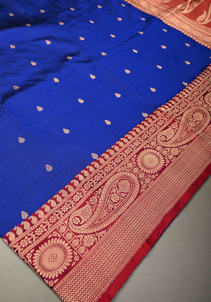 Navy Blue Banarasi Katan Silk Saree with Floral Zari Buttas and Contrast Zari Border | SILK MARK CERTIFIED | SHOBITAM