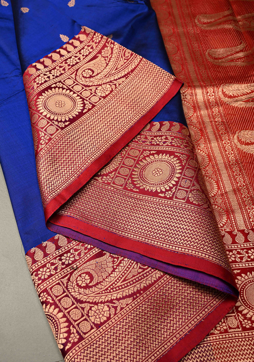 Navy Blue Banarasi Katan Silk Saree with Floral Zari Buttas and Contrast Zari Border | SILK MARK CERTIFIED | SHOBITAM