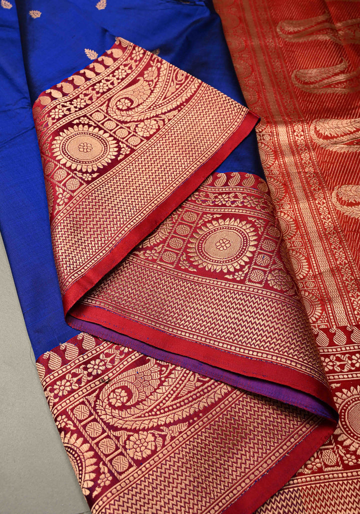 Navy Blue Banarasi Katan Silk Saree with Floral Zari Buttas and Contrast Zari Border | SILK MARK CERTIFIED | SHOBITAM