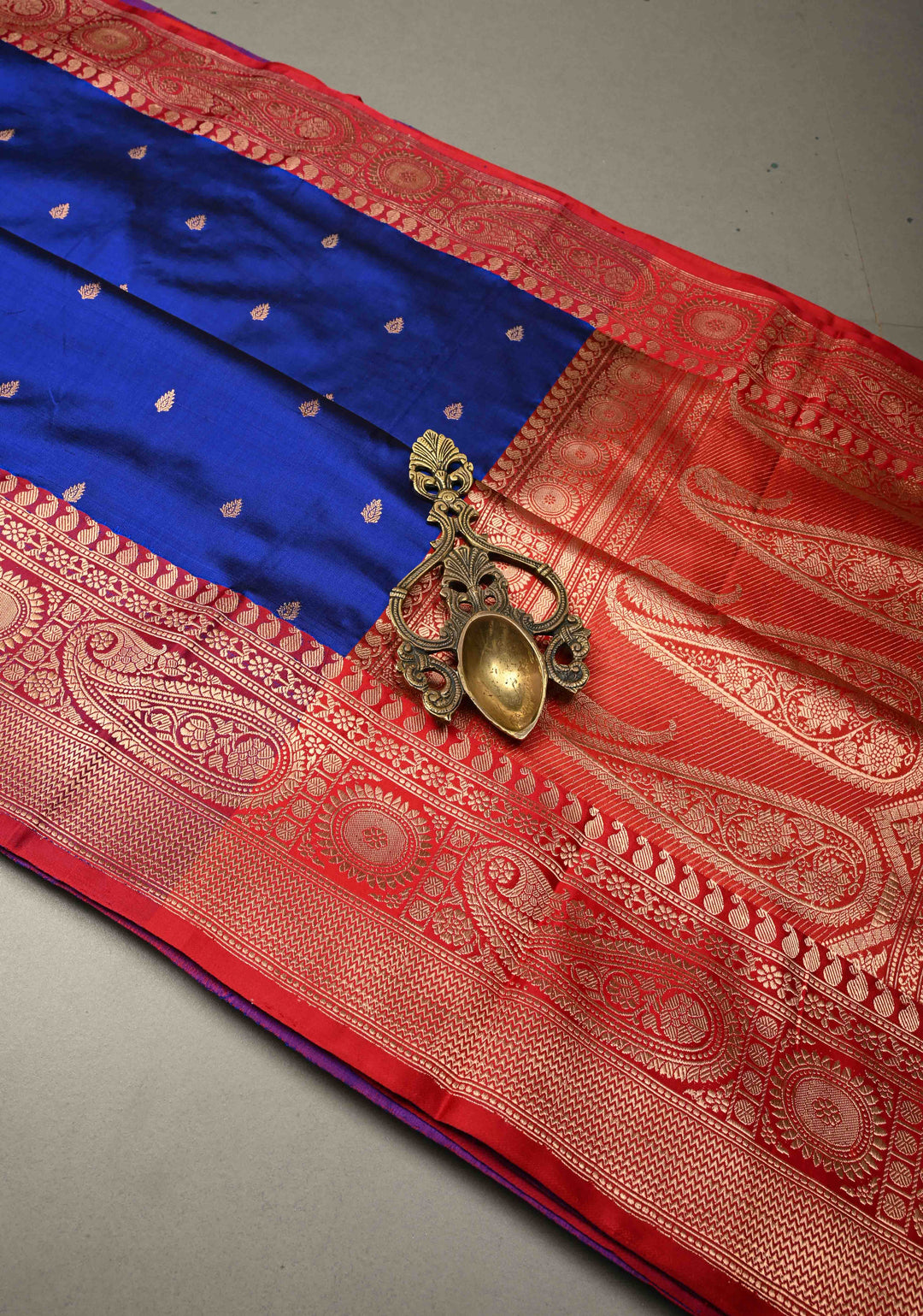 Navy Blue Banarasi Katan Silk Saree with Floral Zari Buttas and Contrast Zari Border | SILK MARK CERTIFIED | SHOBITAM