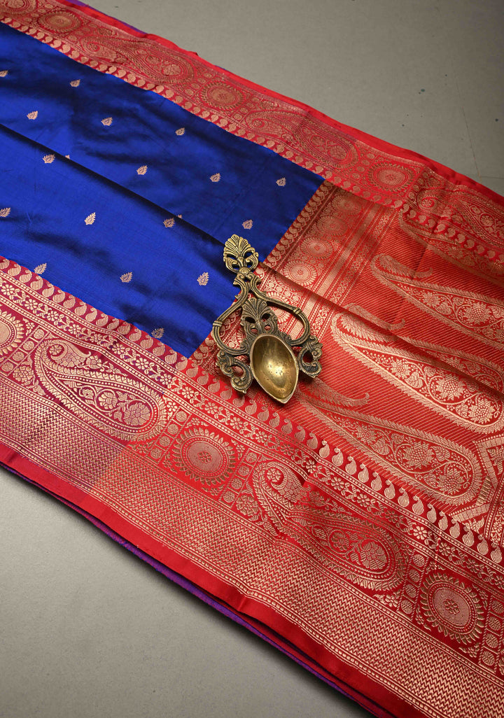 Navy Blue Banarasi Katan Silk Saree with Floral Zari Buttas and Contrast Zari Border | SILK MARK CERTIFIED | SHOBITAM