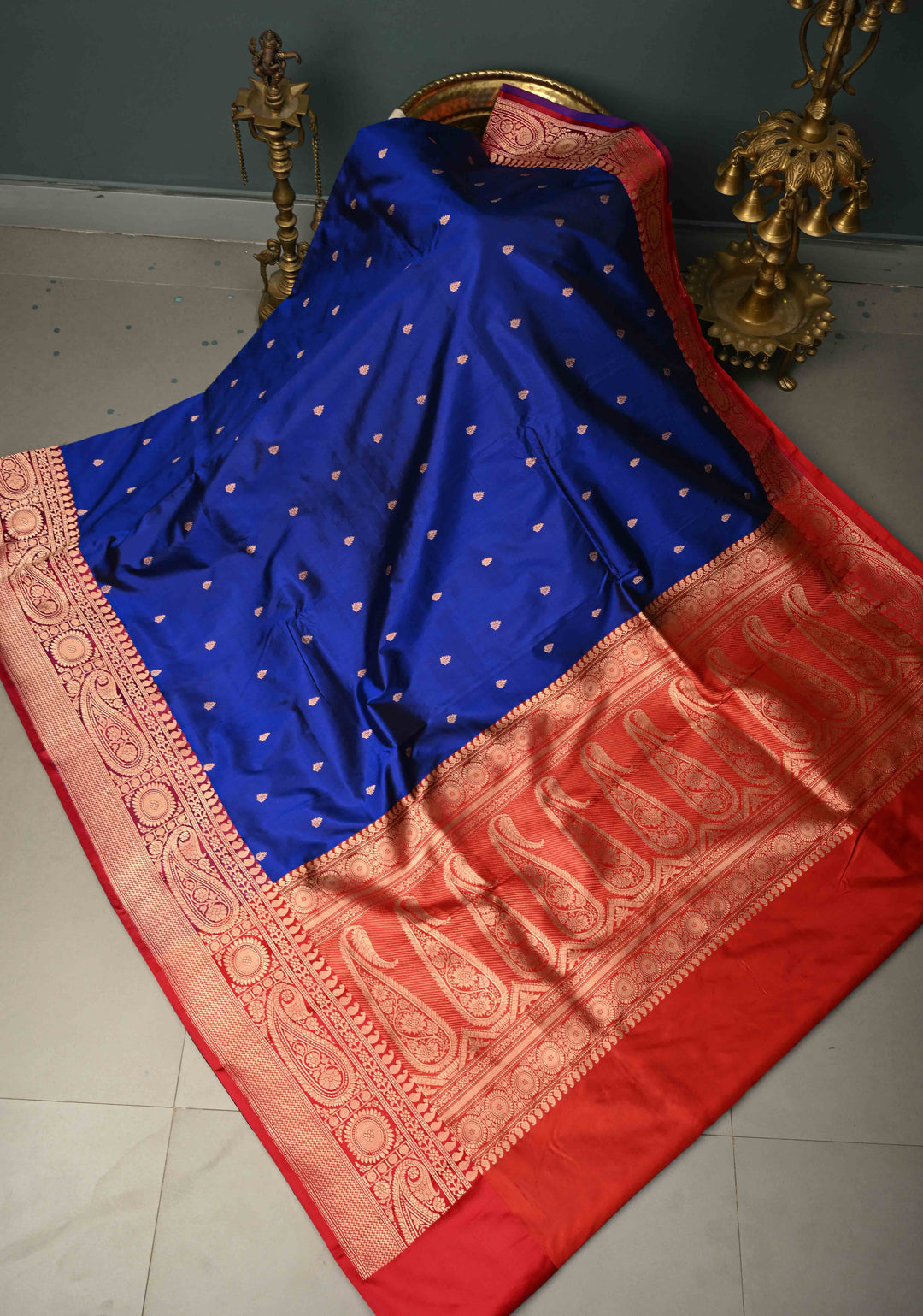 Navy Blue Banarasi Katan Silk Saree with Floral Zari Buttas and Contrast Zari Border | SILK MARK CERTIFIED | SHOBITAM