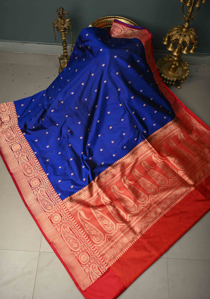 Navy Blue Banarasi Katan Silk Saree with Floral Zari Buttas and Contrast Zari Border | SILK MARK CERTIFIED | SHOBITAM