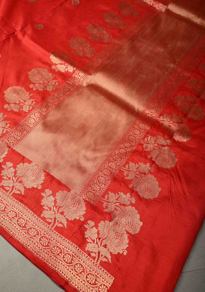 Red Banarasi Katan Silk Saree with Floral Zari Buttas and Contrast Zari Border | SILK MARK CERTIFIED | SHOBITAM