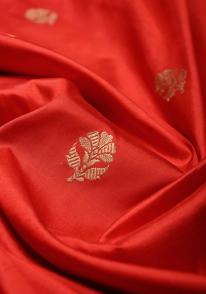Red Banarasi Katan Silk Saree with Floral Zari Buttas and Contrast Zari Border | SILK MARK CERTIFIED | SHOBITAM