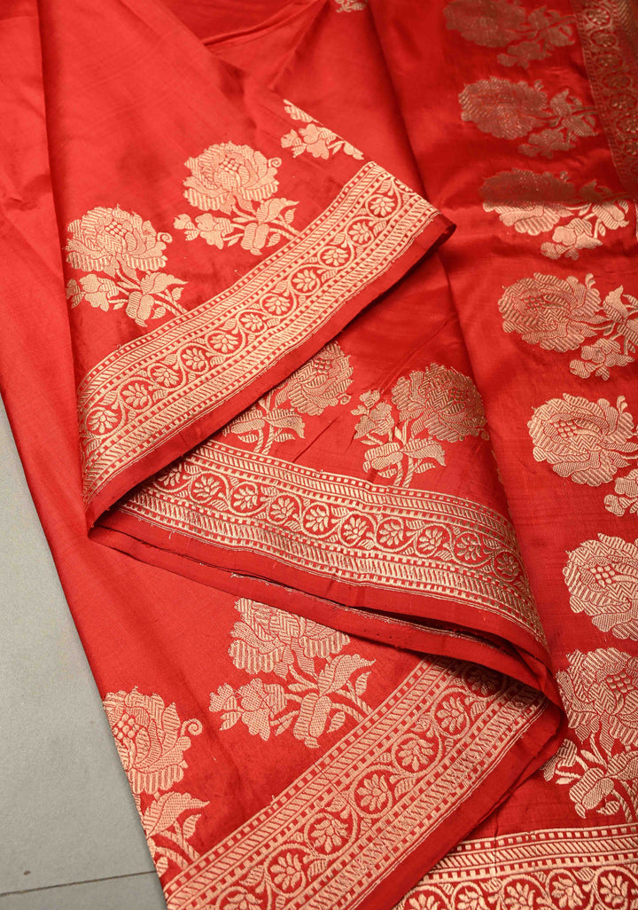 Red Banarasi Katan Silk Saree with Floral Zari Buttas and Contrast Zari Border | SILK MARK CERTIFIED | SHOBITAM