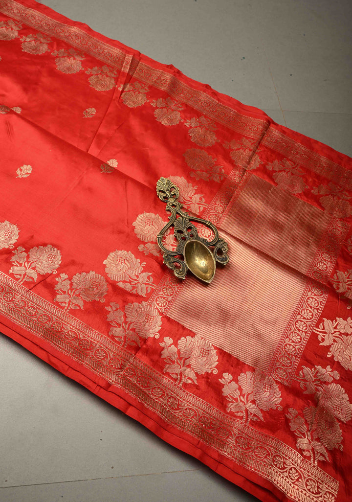Red Banarasi Katan Silk Saree with Floral Zari Buttas and Contrast Zari Border | SILK MARK CERTIFIED | SHOBITAM