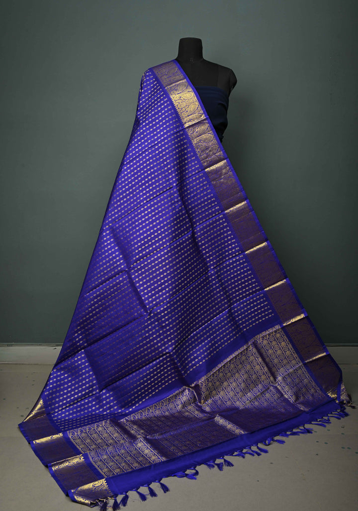 DUPATTA: Ink Blue Pure Kanjivaram Dupatta with Zari Buttis Brocade and Zari Borders | SILK MARK Certified | SHOBITAM