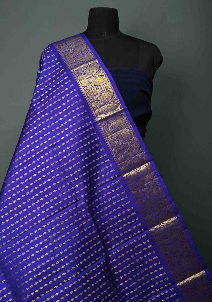 DUPATTA: Ink Blue Pure Kanjivaram Dupatta with Zari Buttis Brocade and Zari Borders | SILK MARK Certified | SHOBITAM