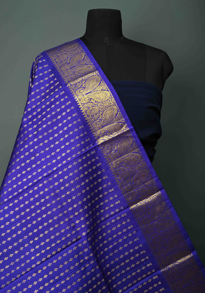 DUPATTA: Ink Blue Pure Kanjivaram Dupatta with Zari Buttis Brocade and Zari Borders | SILK MARK Certified | SHOBITAM