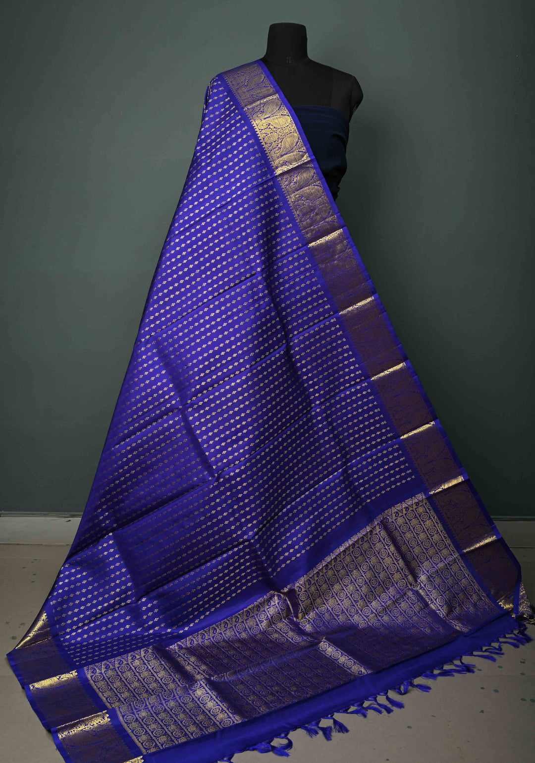 DUPATTA: Ink Blue Pure Kanjivaram Dupatta with Zari Buttis Brocade and Zari Borders | SILK MARK Certified | SHOBITAM
