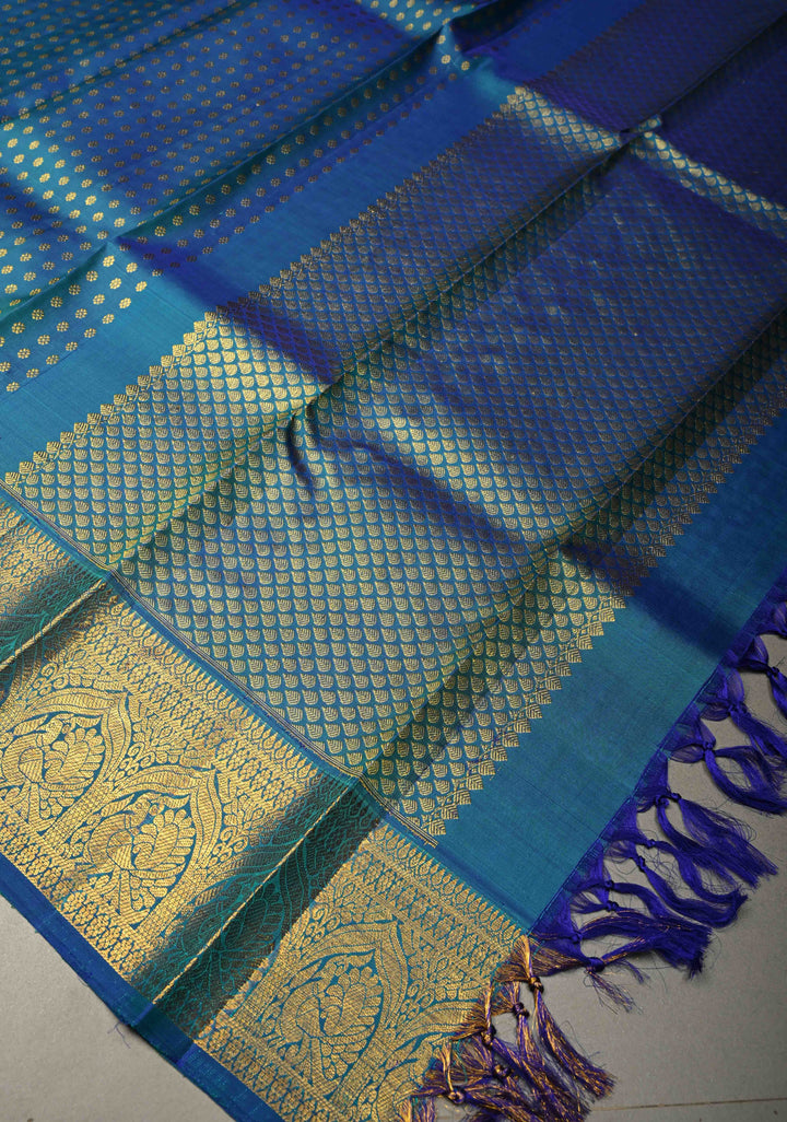 DUPATTA: Peacock Blue-Green Dual Tone Pure Kanjivaram Dupatta with Chunri Buttis Brocade and Zari Borders | SILK MARK Certified | SHOBITAM