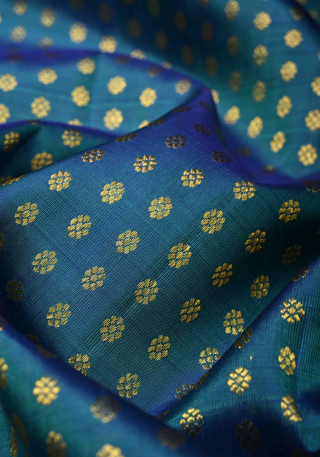 DUPATTA: Peacock Blue-Green Dual Tone Pure Kanjivaram Dupatta with Chunri Buttis Brocade and Zari Borders | SILK MARK Certified | SHOBITAM