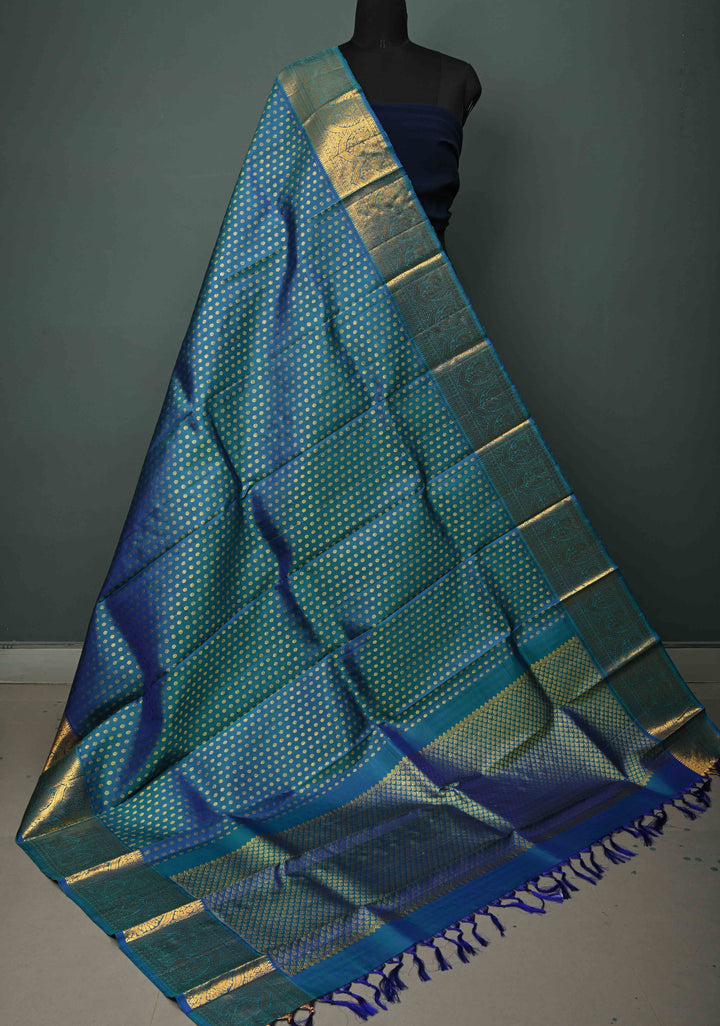 DUPATTA: Peacock Blue-Green Dual Tone Pure Kanjivaram Dupatta with Chunri Buttis Brocade and Zari Borders | SILK MARK Certified | SHOBITAM