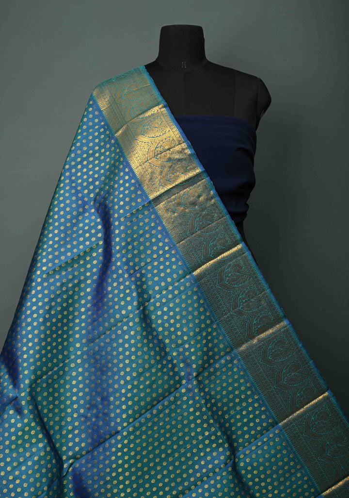DUPATTA: Peacock Blue-Green Dual Tone Pure Kanjivaram Dupatta with Chunri Buttis Brocade and Zari Borders | SILK MARK Certified | SHOBITAM