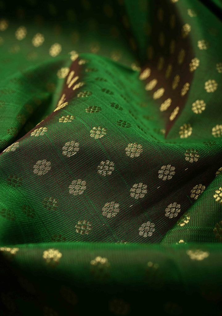 DUPATTA: Green Pure Kanjivaram Dupatta with Chunri Buttis Brocade and Zari Borders | SILK MARK Certified | SHOBITAM