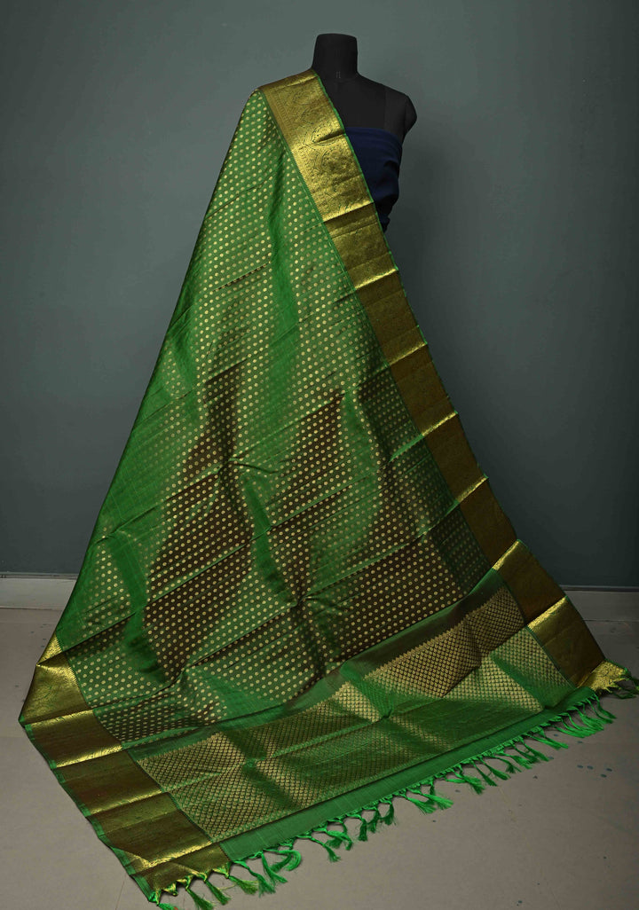 DUPATTA: Green Pure Kanjivaram Dupatta with Chunri Buttis Brocade and Zari Borders | SILK MARK Certified | SHOBITAM
