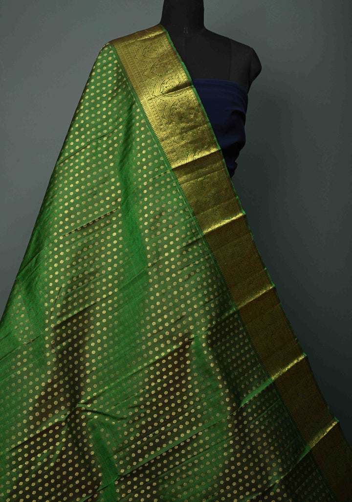DUPATTA: Green Pure Kanjivaram Dupatta with Chunri Buttis Brocade and Zari Borders | SILK MARK Certified | SHOBITAM