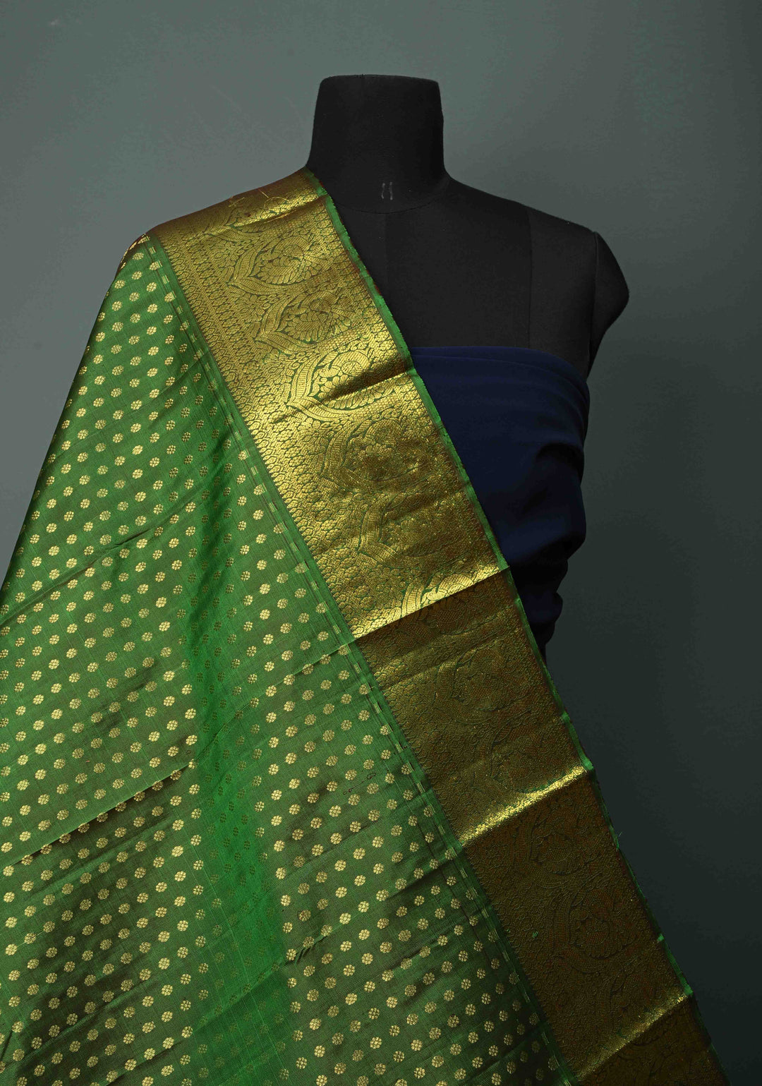 DUPATTA: Green Pure Kanjivaram Dupatta with Chunri Buttis Brocade and Zari Borders | SILK MARK Certified | SHOBITAM