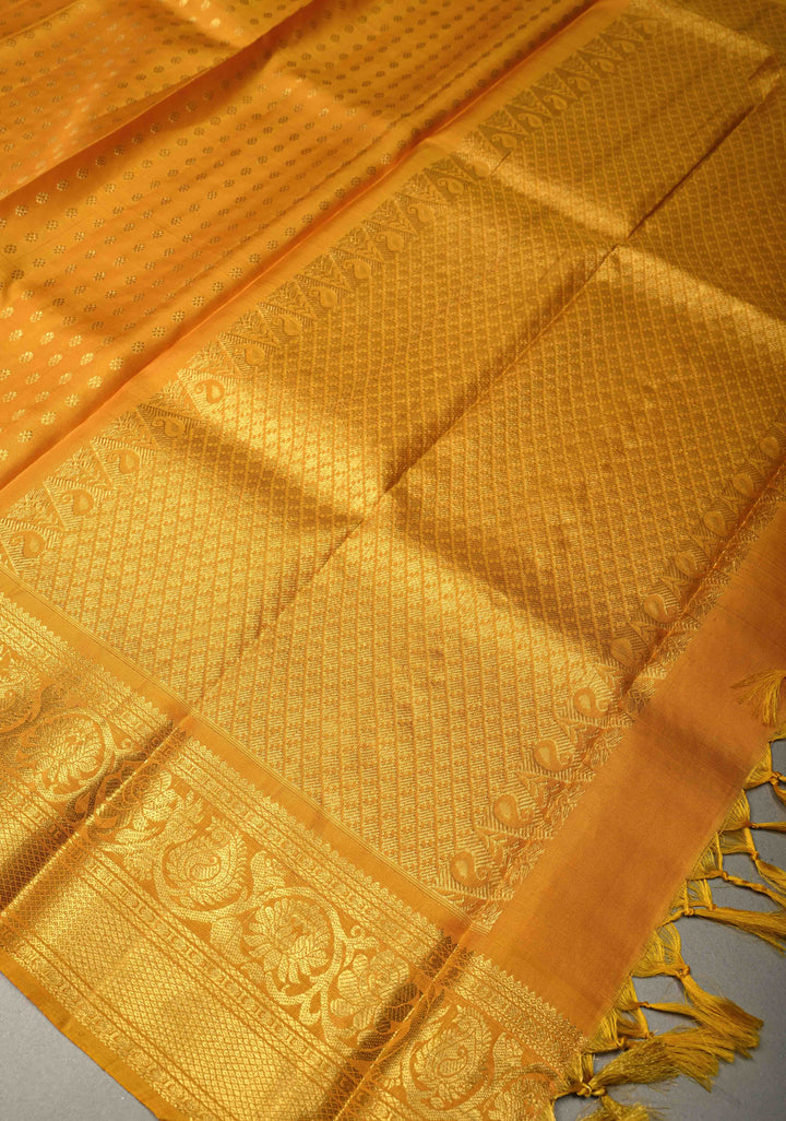 DUPATTA: Mustard Yellow Pure Kanjivaram Dupatta with Chunri Buttis Brocade and Zari Borders | SILK MARK Certified | SHOBITAM