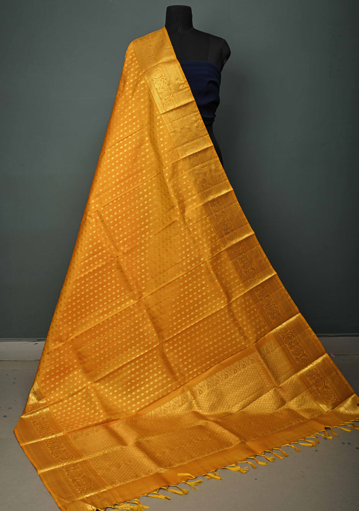 DUPATTA: Mustard Yellow Pure Kanjivaram Dupatta with Chunri Buttis Brocade and Zari Borders | SILK MARK Certified | SHOBITAM