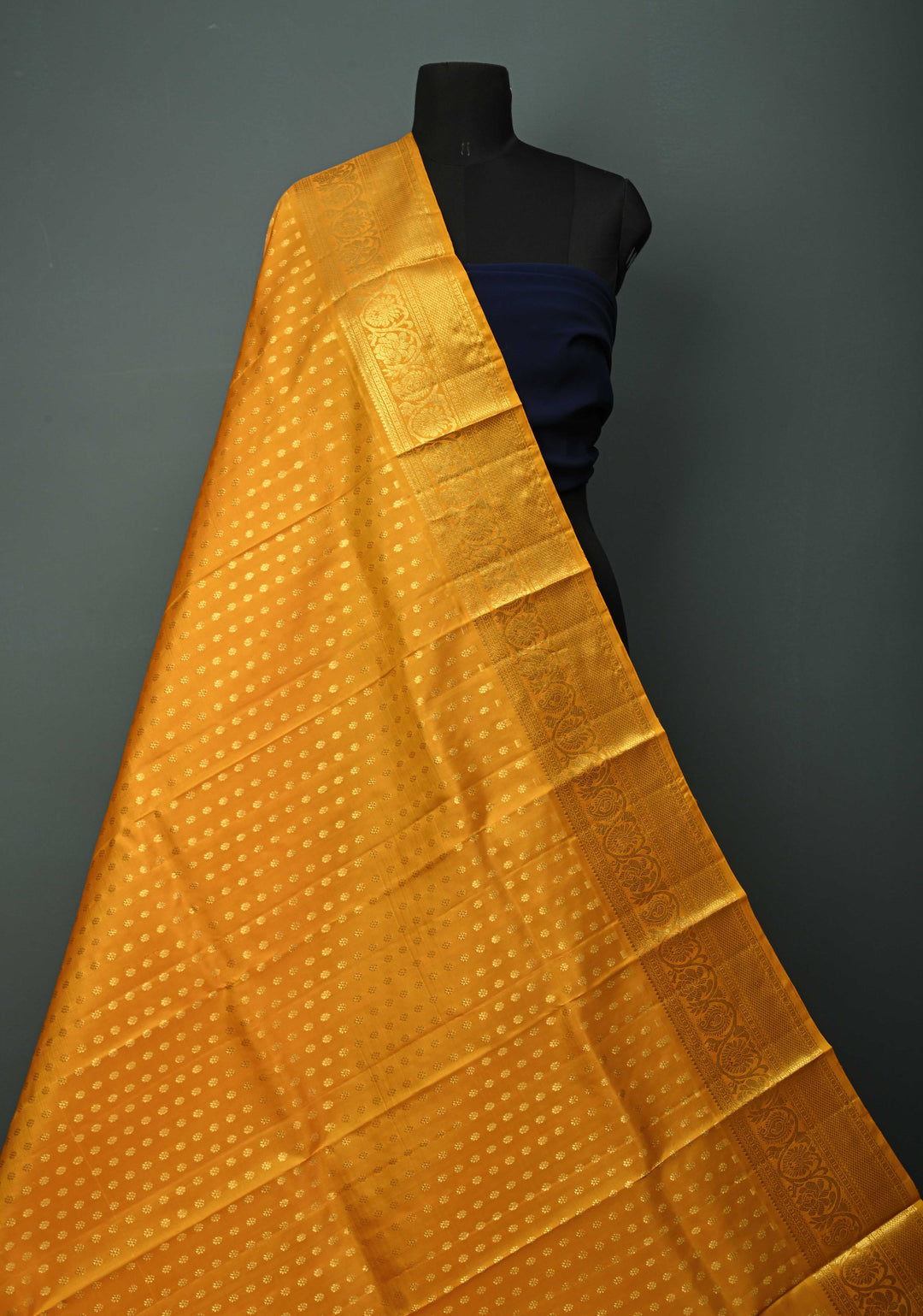 DUPATTA: Mustard Yellow Pure Kanjivaram Dupatta with Chunri Buttis Brocade and Zari Borders | SILK MARK Certified | SHOBITAM