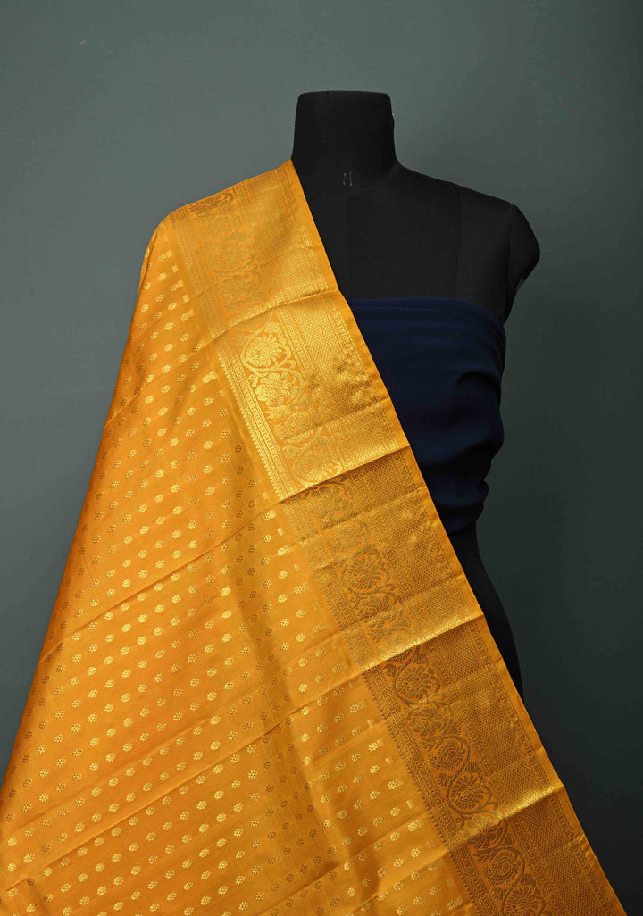 DUPATTA: Mustard Yellow Pure Kanjivaram Dupatta with Chunri Buttis Brocade and Zari Borders | SILK MARK Certified | SHOBITAM