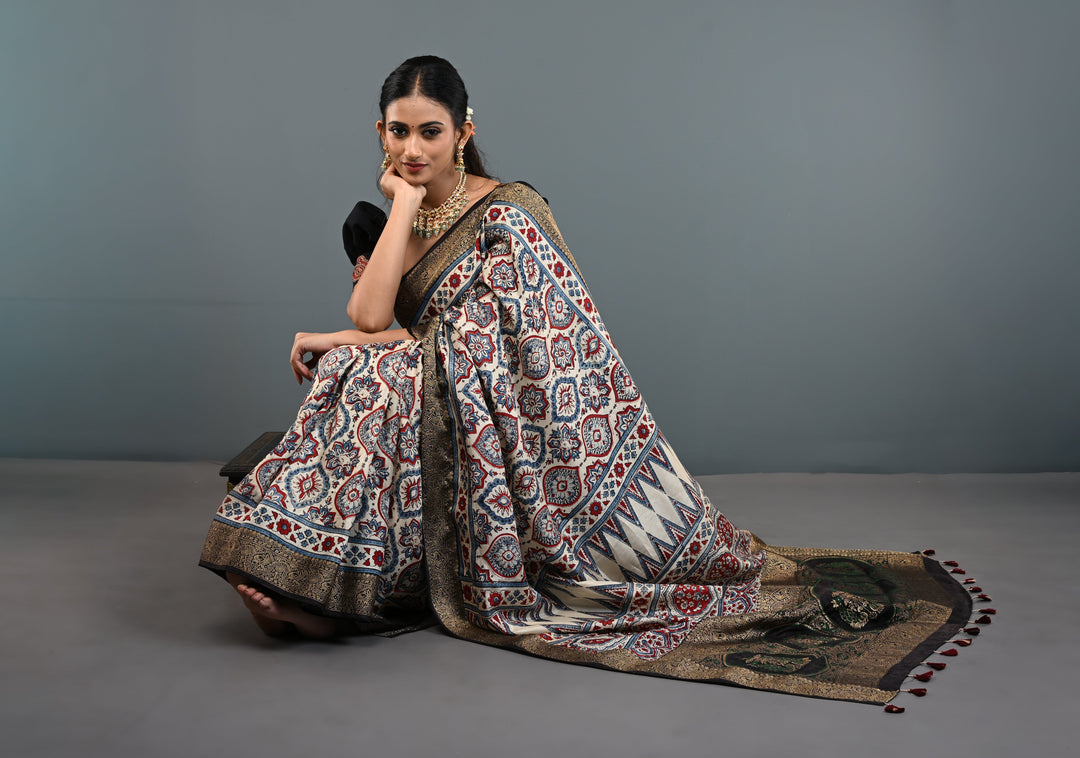 Beige Ajrakh Hand Block Print on Dola Silk Saree with Fancy Zari Border