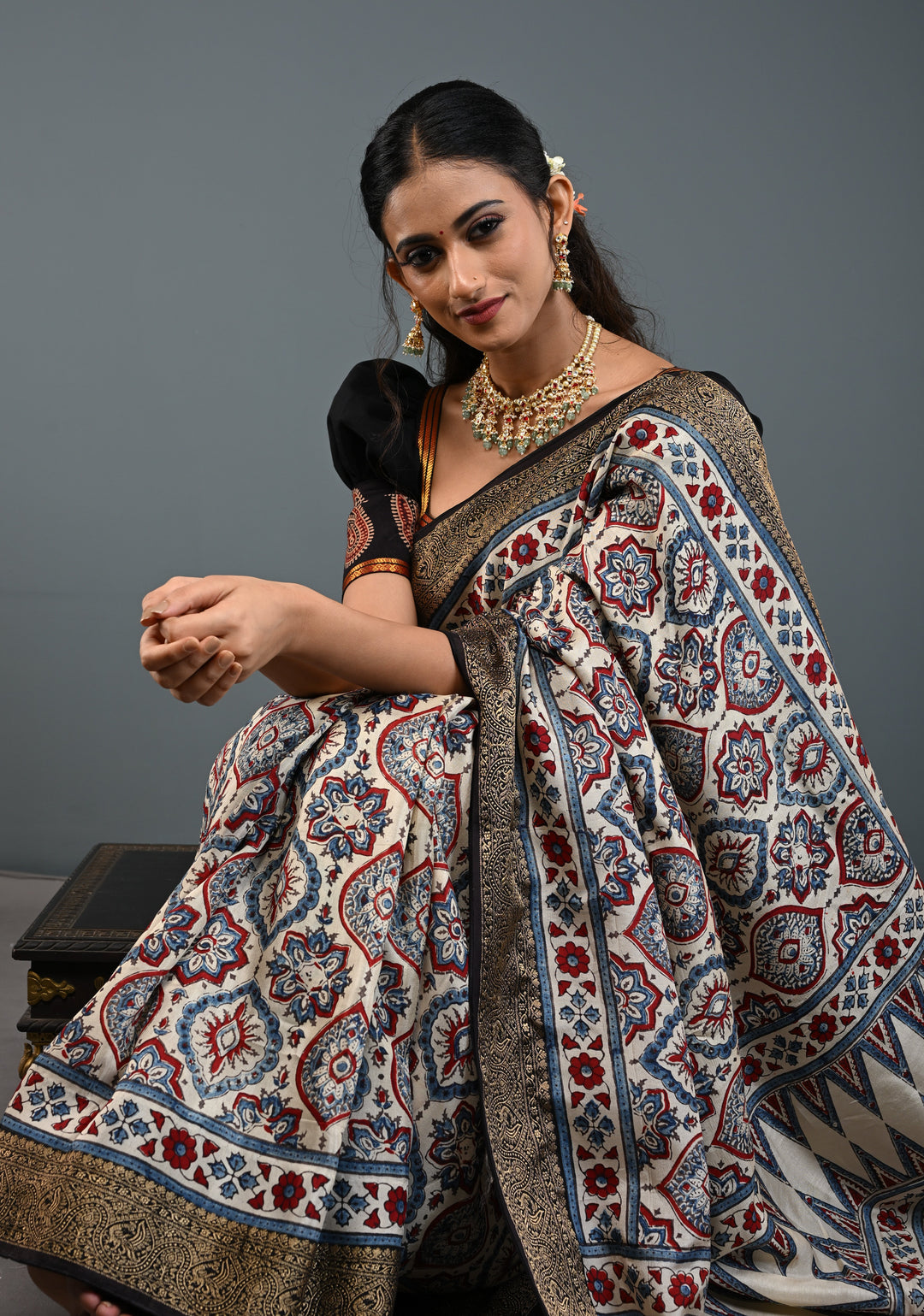 Beige Ajrakh Hand Block Print on Dola Silk Saree with Fancy Zari Border