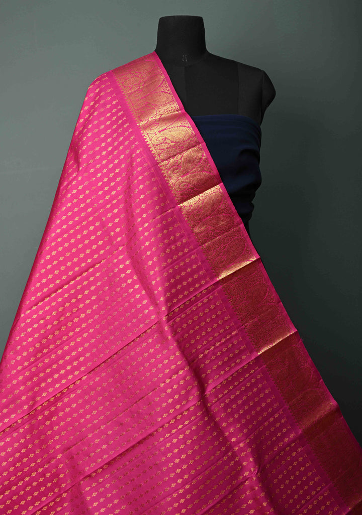 DUPATTA: Rani Pink Pure Kanjivaram Dupatta with Zari Buttis Brocade and Zari Borders | SILK MARK Certified | SHOBITAM