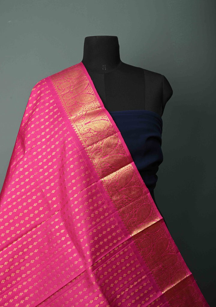 DUPATTA: Rani Pink Pure Kanjivaram Dupatta with Zari Buttis Brocade and Zari Borders | SILK MARK Certified | SHOBITAM
