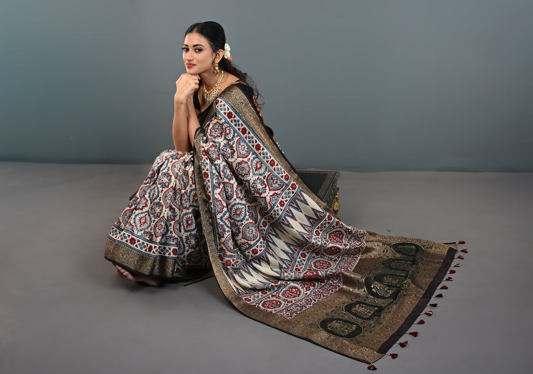 Beige Ajrakh Hand Block Print on Dola Silk Saree with Fancy Zari Border