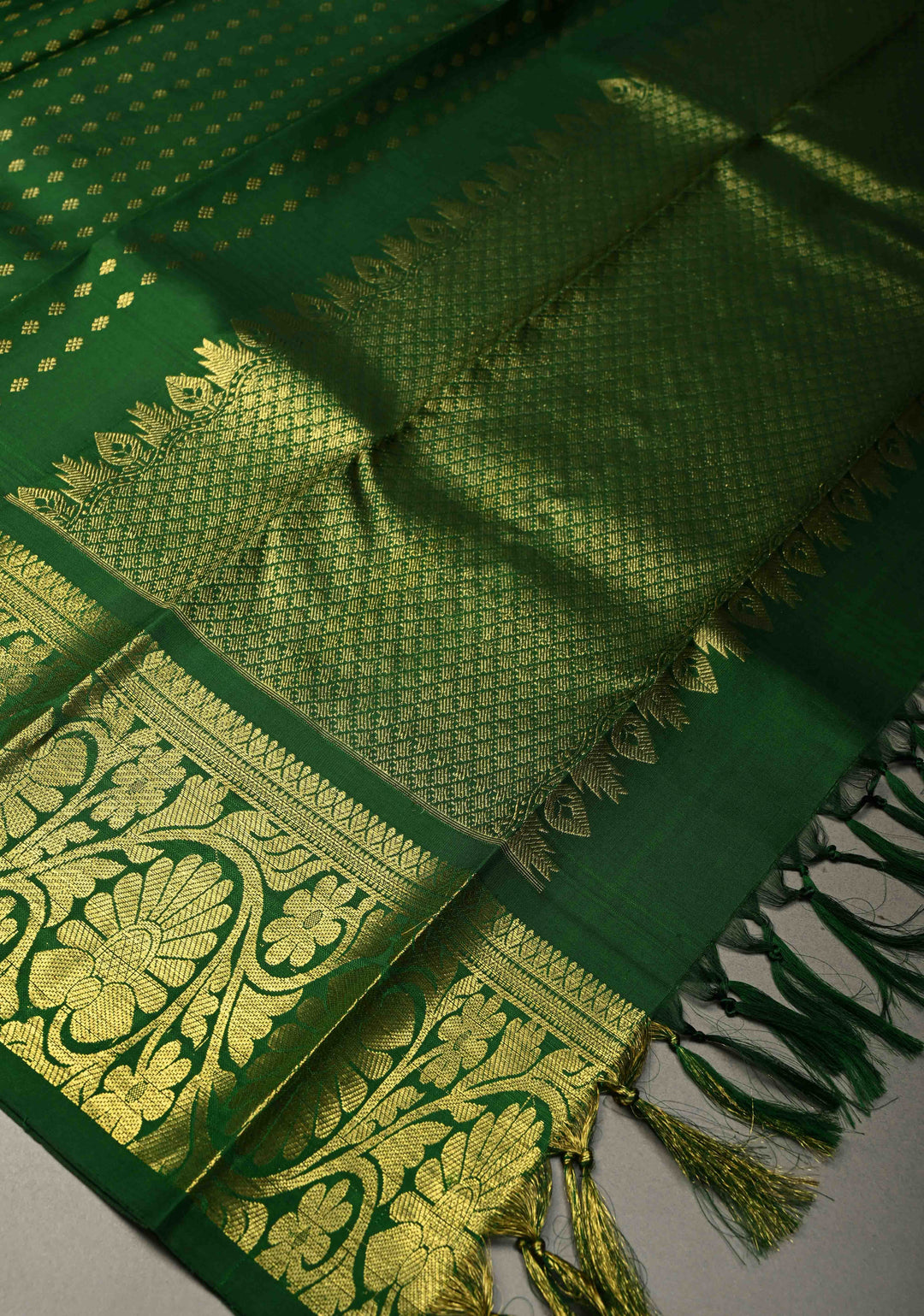 DUPATTA: Forest Green Pure Kanjivaram Dupatta with Chunri Buttis Brocade and Zari Borders | SILK MARK Certified | SHOBITAM