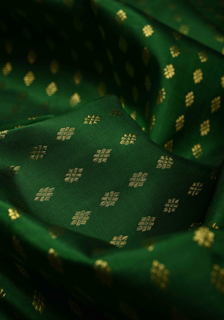 DUPATTA: Forest Green Pure Kanjivaram Dupatta with Chunri Buttis Brocade and Zari Borders | SILK MARK Certified | SHOBITAM