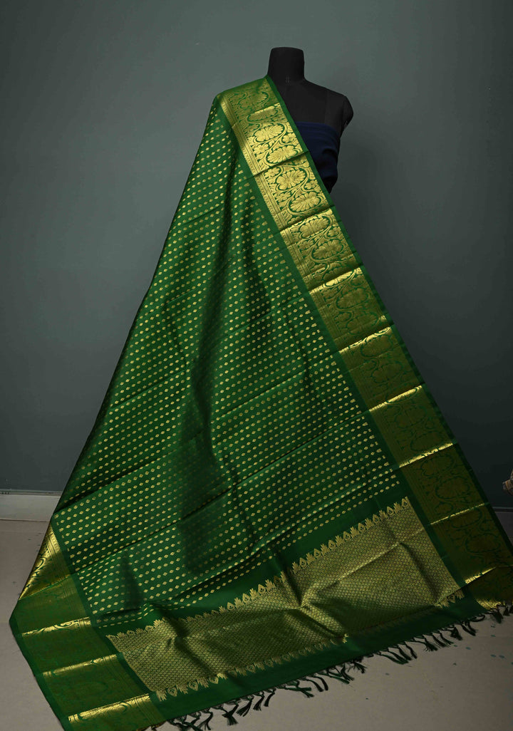 DUPATTA: Forest Green Pure Kanjivaram Dupatta with Chunri Buttis Brocade and Zari Borders | SILK MARK Certified | SHOBITAM