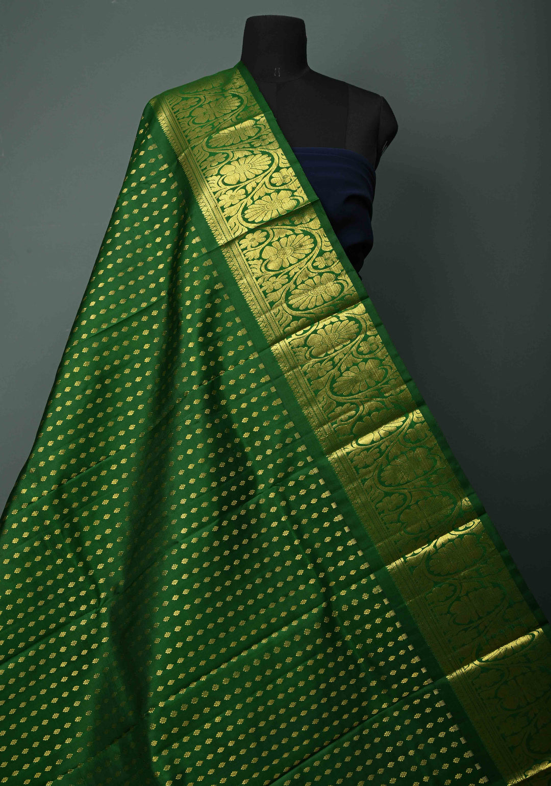 DUPATTA: Forest Green Pure Kanjivaram Dupatta with Chunri Buttis Brocade and Zari Borders | SILK MARK Certified | SHOBITAM