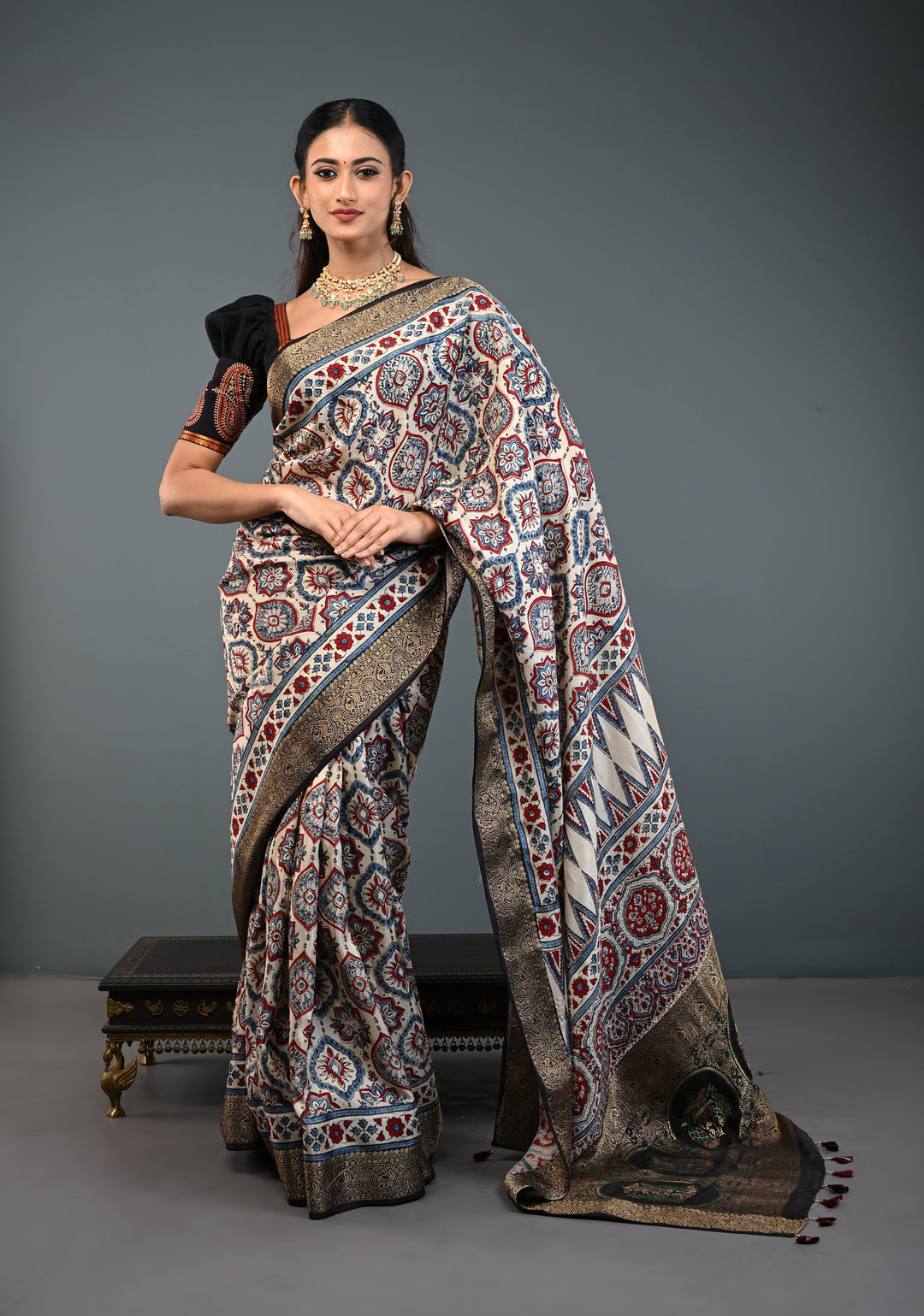 Beige Ajrakh Hand Block Print on Dola Silk Saree with Fancy Zari Border