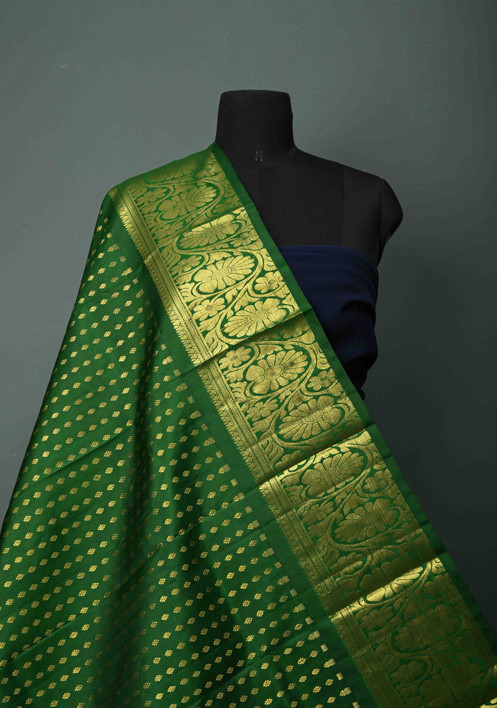 DUPATTA: Forest Green Pure Kanjivaram Dupatta with Chunri Buttis Brocade and Zari Borders | SILK MARK Certified | SHOBITAM