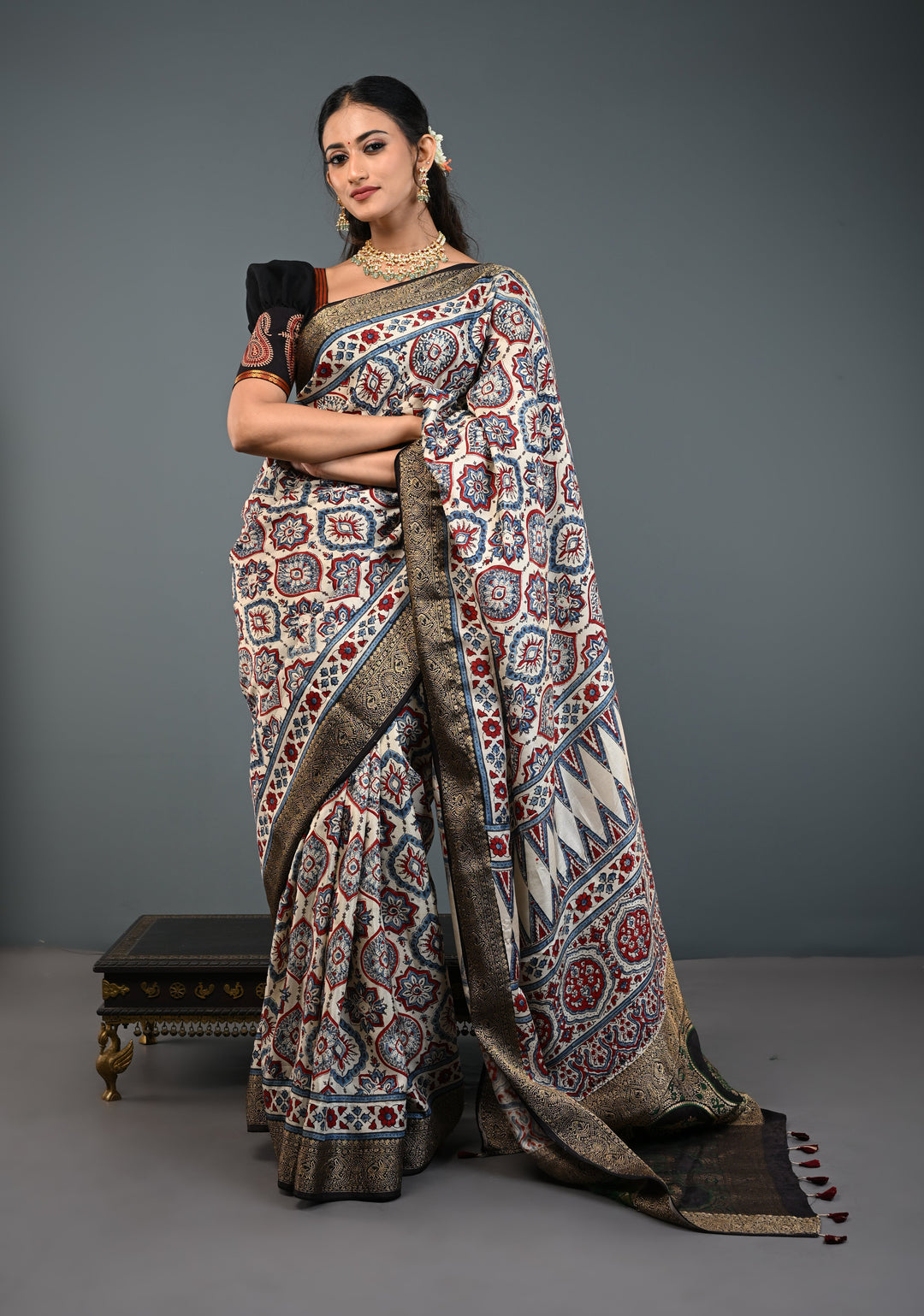 Beige Ajrakh Hand Block Print on Dola Silk Saree with Fancy Zari Border